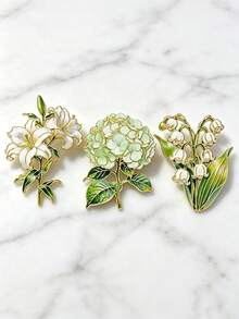 3pcs Fresh Light Green Floral Brooch Set, Lily Hydrangea Lily Of The Valley Design, Versatile Lapel Accessory For Coat Scarf Backpack, Daily Date Gift Item - A - View 10