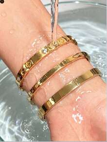 3Pcs Women Stainless‑Steel Bangle Set,Gold‑Tone Clover Rhinestone LOVE Buckle Stackable Buckle Bracelet Jewelry - Gold - View 5