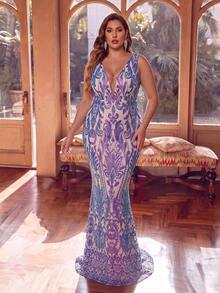 Plus Size Charming Violet Sequin Sexy Deep V-Neck Long Party Evening Dress - Lilac Purple - View 2