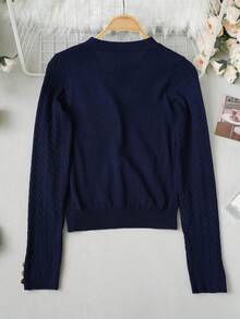 2026 Preppy V-Neck Bow Tie Cable Knit Top, Full Body Vertical Cable Short Length Long Sleeve, Metal Gold Buttons On Placket + Double Row Small Gold Buttons On Cuffs, Waist-Flattering Slimming Youthful Base Layer, Spring/Autumn Commute Gentle Elastic Knit Sweater - Royal Blue - View 7