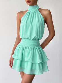Elegant Fashion Green Halter Backless Layered Ruffle Mini Dress Wedding Gown - Mint Green - View 5