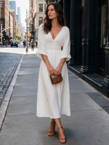 Women Elegant Deep V Neck Dress Three Quarter Sleeve With Lace Trim Cuffs For Going Out Dating Fall Winter Outfits - White - View 2