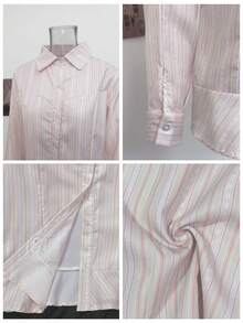 Autumn New Korean Style Square Shoulder Long Sleeve Striped College Style Single-Breasted Blouse - Pink - View 8