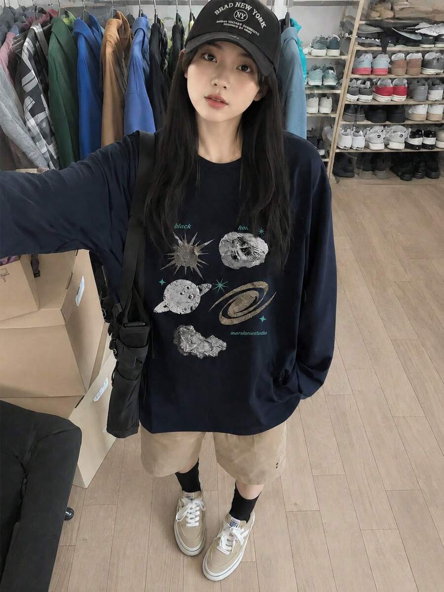 Women's Fashion Autumn/Winter Round Neck Loose Fit Versatile Letter & Starry Sky Print Long Sleeve T-Shirt - Navy Blue - View 1