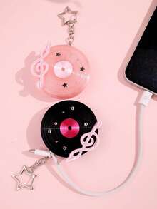 Harajuku Y2K Vintage Black & Pink Round Earphone Case Keychain, Music Film Note Earphone Storage Portable Cordless Organizer Box - Multicolor - View 1