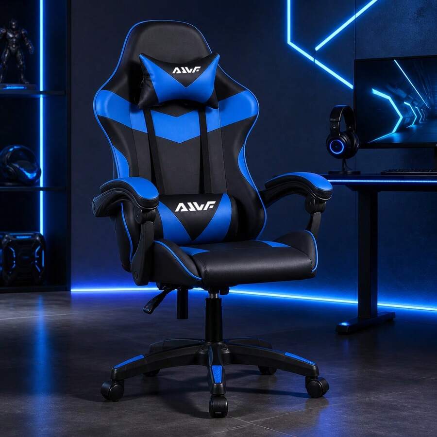 Gaming Chair With Footrest – Swivel Office/Desk Chair With Lumbar Support And Wheels – Professional Home Office Chair (LOL/WCG Style) - Blue - View 1