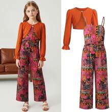 Tween Girl 2pcs Set Vintage Knit Short Jacket And Tank Top Jumpsuit, Autumn/Winter - Purple - View 2