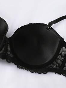 Lace Full Coverage Side Support Bra Set, Adjustable Thin Strap Bra, Matching Underwear Set - Black - View 4
