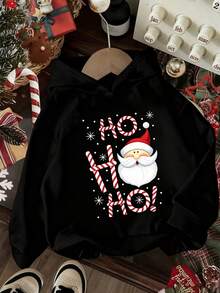 Christmas-Tween Girl Fun Print Sweatshirt, Warm And Comfortable Thermal Lined Pullover Sweatshirt For Autumn/Winter - Black - View 1