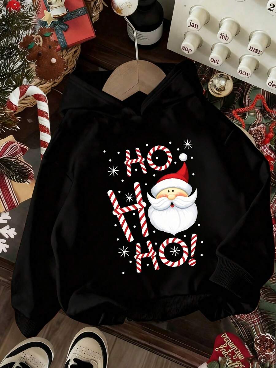 Christmas-Tween Girl Fun Print Sweatshirt, Warm And Comfortable Thermal Lined Pullover Sweatshirt For Autumn/Winter - Black - View 1