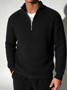 Men's Classic Half-Zip Collar Long Sleeve Sweater, Autumn/Winter - Black - View 4