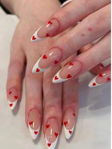 24pcs White French Manicure Nail Stickers, Heart Decor Almond Shape Nail Set, Includes 1 Adhesive Sticker Sheet And 1 Mini Nail File, Suitable For Daily Wear - Multicolor - View 1
