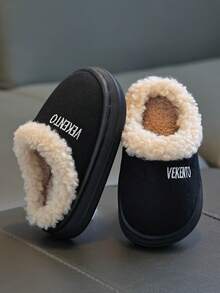 Children's Autumn/Winter Slippers, Minimalist Design, Boys' Indoor Warm Fuzzy, Girls' Thick Fluffy Slippers - Black - View 3