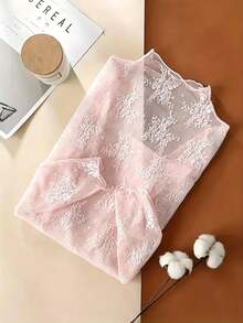 Women's Lace Mock Neck Mesh Long Sleeve Inner Layer Top - Pink - View 2
