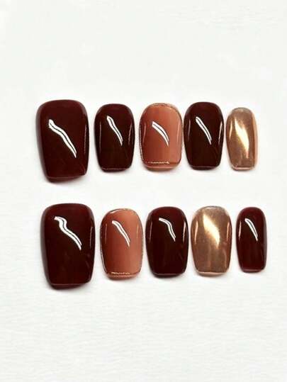 10 piezas de uñas postizas cortas cuadradas hechas a mano para otoño, estilo minimalista vintage, arte de uñas otoñal en tonos marrones cálidos, colores nude y camello, brillo metálico rosa espejo, diseño de unicolor de alta gama, adecuado para uso diario, fiestas y regreso a la escuela de mujeres y niñas en otoño/invierno