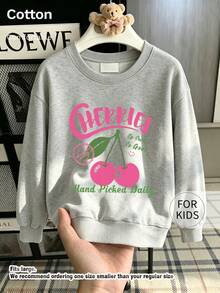 Tween Girl Crew Neck Sweatshirt, Cherry Letter Print Pure Cotton Pullover, Soft Casual Long Sleeve Top - Flower Ash - View 1