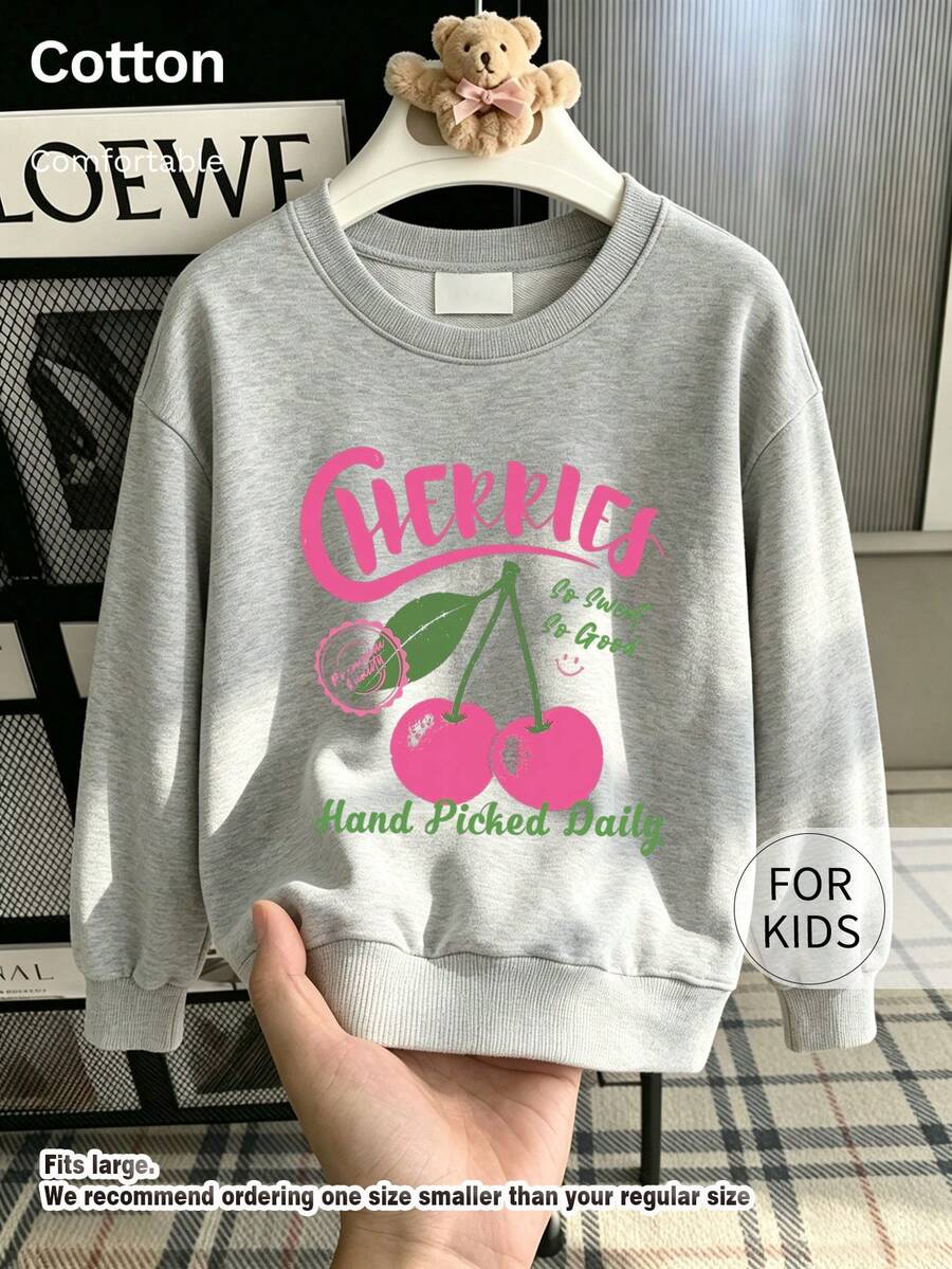 Tween Girl Crew Neck Sweatshirt, Cherry Letter Print Pure Cotton Pullover, Soft Casual Long Sleeve Top - Flower Ash - View 1