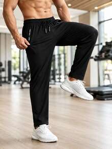 1pc Men's Sports Jogger Pants, With Secure Zipper Pockets, Adjustable Drawstring Waist, Pure Black Tapered Ankle Length, Suitable For Gym, Running, Workout, Outdoor Casual Wear - Black - View 1