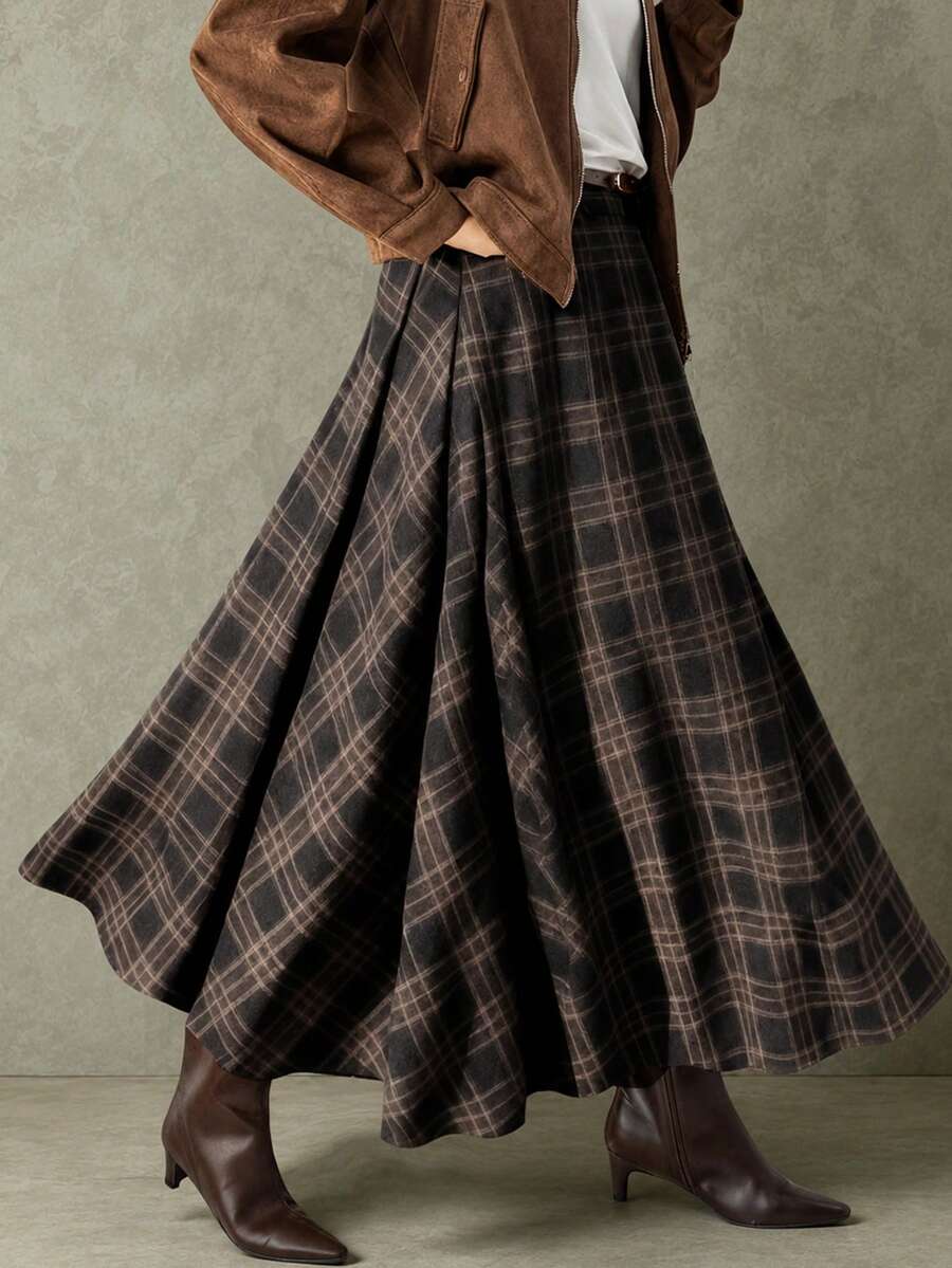 Women's New Wool Blend Plaid Casual Versatile Commute Daily Street Retro Style Flared Long Skirt, Autumn/Winter - Ash Brown - View 1