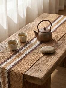 1pc Brown & White Wide Striped Table Runner, Natural Rustic Style, Long Rectangular Woven Texture Detail, Decorative Functional Tea Mat For Tea Room Decor And Natural Home Decor Scenes - Khaki - View 3