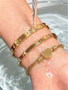3Pcs Women Stainless‑Steel Bangle Set,Gold‑Tone Clover Rhinestone LOVE Buckle Stackable Buckle Bracelet Jewelry - Gold - View 3