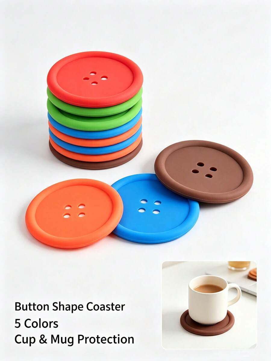 5/3/2/1pc Button-Shaped Soft Rubber Beverage Coasters, Colorful Round Heat-Insulating Coasters, Non-Slip Deep-Groove Coffee Cup Mats - Multicolor - View 1