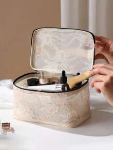 1pc Chinese Style Lace Makeup Bag, Large Capacity Waterproof Toiletry Bag, Travel Storage Bag, Portable Multi-Functional Bag - Multicolor - View 1