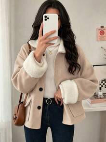 Women's Autumn/Winter Wool Blend Short Jacket, Long Sleeve Patchwork Faux Fur Collar Jacket, Front Button Pocket Design, Casual Versatile Outerwear - Beige - View 2