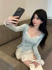 Women's Long Sleeve Knit Sweater, Slim Fit Inner Layer, Lace Bow Camisole Top, 2 Pieces Set, Autumn/Winter - Green - View 6