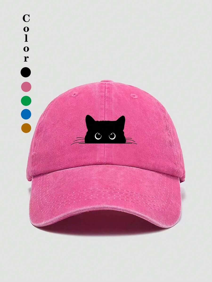 1"Black Cat Print" Baseball Cap, Washed Baseball Hat, Outdoor Casual Sun Hat, Unisex - Black Cat Print - View 1