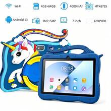 Tablet 7 inci dengan RAM 4GB + ROM 64GB / Prosesor Quad-Core 1.3GHz / Android 13 MTK8321 / Layar IPS HD 1280x800 / Kamera 2MP+5MP / Baterai 4000mAh / WiFi, Kontrol Orang Tua, Edukasi, Gaming / Bahan ABS + Silikon, Tablet Edukasi - Biru - View 9