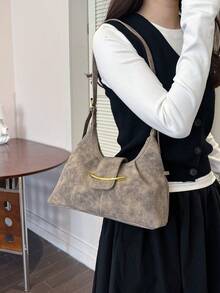時尚染飾PU布料女款單肩包，高端精緻五金裝飾可調節肩帶單肩包/斜挎包 - 卡其色 - 查看 3