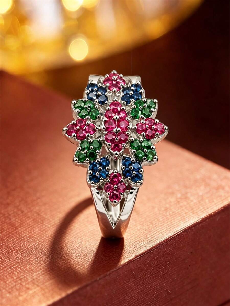 1pc Exquisite 3D Floral Cluster Elegant Ring, Suitable For Wedding, Party, Daily Wear, Versatile Women's Jewelry - Ring - View 1