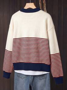 Women's Navy Blue Striped Colorblock Button-Front Cardigan Sweater, Slouchy, Suitable For Autumn/Winter - Navy Blue - View 2