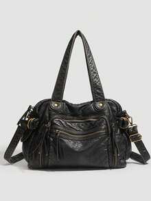 1pc Black Vintage Distressed Leather Multi-Zipper Pocket Handbag & Crossbody Bag, With Brass Hardware, Women's Casual Daily Commute Style - Multi-color - View 3