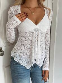 SCARLUX Autumn Y2K White Floral Lace V-Neck Asymmetrical Hem Long Sleeve Top, Cute Daily, Suitable For Back To School Season - White - View 8