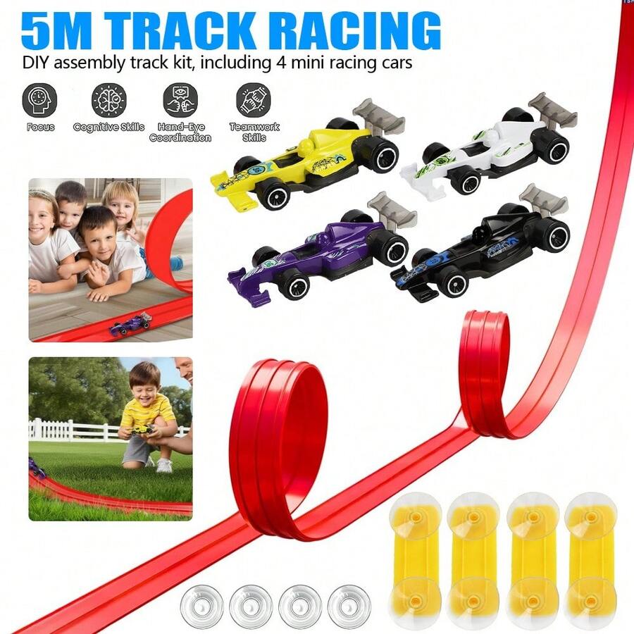 4 Racing Cars DIY Puzzle Track Car Assembly Toy Interchangeable Tracks Creative Hands-On Educational Ideal Gift For Boys Girls Birthday Holiday Gift - Red - View 1