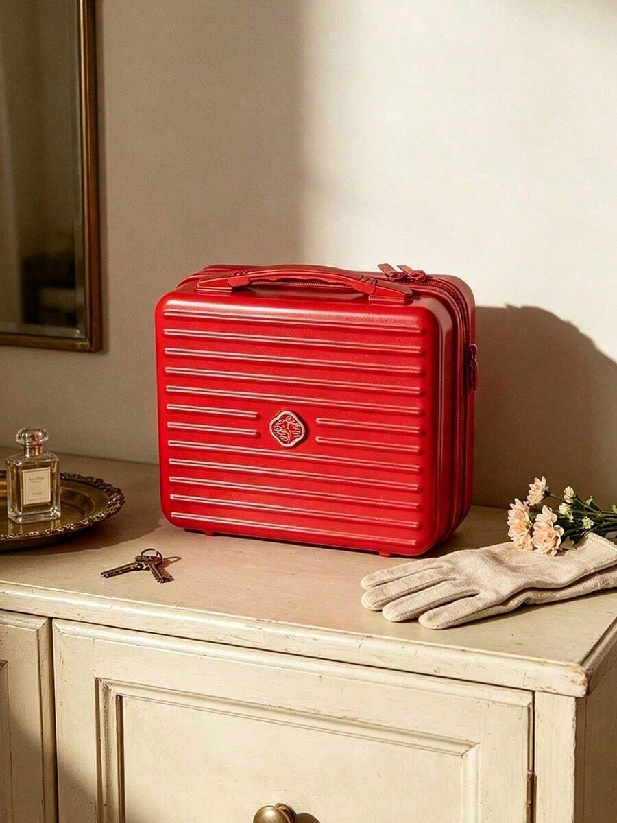 Shiseido Vintage Red Striped Hard Shell Makeup Box, Portable Mini Storage Luggage, Skincare And Cosmetics Organizer, Travel And Home Storage, Birthday And Holiday Gift - Red - View 1