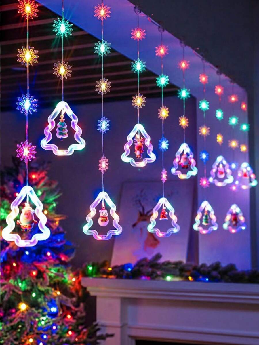 Christmas LED Curtain Lights Set - Santa Claus, Reindeer, Snowman, Christmas Tree Design, Wish Ball String Lights, USB Powered Holiday Decor For Home, Bedroom, Party Decoration