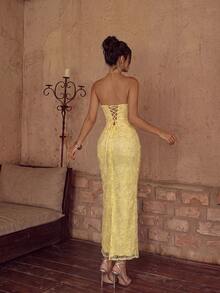 ADYCE Elegant Party Beaded Floral Mesh Dress Wedding, For Her Fall - Light Yellow - View 2