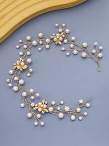 1pc Vintage Floral Faux Pearl Beaded Headband, Elegant Hair Accessory For Wedding, Daily, Party, Festival - Gold - View 3