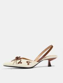 Women's Slingback Pumps With Bow, Floral Embroidery, Pointed Toe, Kitten Heel, Elegant Vintage Beige & Brown Fabric, Backless, Suitable For Daily, Dating, Office, Party, Spring, Summer, Autumn, Winter - Brown - View 5