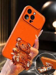 MewTrek Luxury Litchi Texture PU Leather Phone Case With Creative Bear Stand Holder, Rhinestone Glitter Sparkle, Large Camera Cutout, Full Coverage Shockproof Anti-Drop Protective Case Compatible With Iphone, Compatible With Samsung Galaxy Honor, Compatible With Xiaomi Reno MOTO Women - Orange - View 3