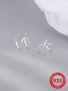 1 Pair S925 Sterling Silver Minimalist Cold Style Double Layer Ear Cuffs For Women, Niche Exquisite Cross Line Cartilage Ear Clips, Daily Commute Date Personalized Matching High-End Accessory Gift For Girlfriend Best Friend Earrings - Geometry - View 3