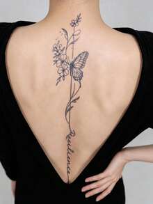 STARTTOOS Herbal Juice Semi-Permanent Long Strip Back Spine Tattoo Sticker - Butterfly Floral Stripe Pattern 7-12 Days No Fading DIY Carnival Beach Party Holiday Gift Arm Thigh Waterproof Tattoo Sticker 1pc/Pack - Blue - View 2
