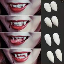4 Pairs Cold White Vampire Fangs, Vampire Teeth, Zombie Fake Teeth Simulation Teeth Props, Halloween Vampire Fake Teeth, Zombie Teeth, Little Tiger Teeth Cosplay Halloween Makeup Props, Cosplay Photo Props, LARP Party Fun Items, Stage Performance Accessories, Need To Be Used With Dental Glue To Attach To Teeth - Multicolor - View 4