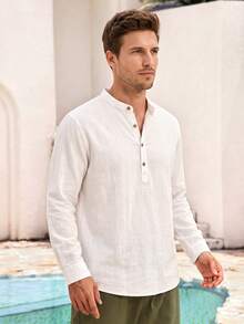 Mercer Haus Mens Stand Collar Pullover Shirt, Half Open Placket Long Sleeve Solid Color Casual Commuter Shirt - White - View 1
