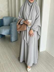 Set Abaya 2 Potong untuk Wanita Muslim, Gaun Panjang Bertekstur Kerut dengan Hijab Senada, Jubah Lengan Panjang Longgar yang Sopan - MultiWarna - View 10