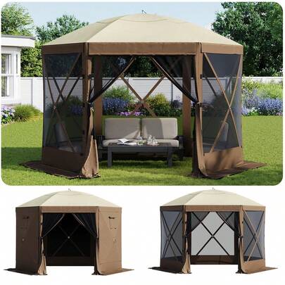 10x10ft Pop Up Gazebo, Camping Gazebo Screen Tent, Brown 6-Sided Pop Up Canopy Tent, Mesh Windows, Carry Bag & Stakes, For Patio Lawn Backyard, Easy Setup, UV Protection