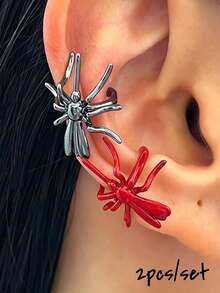 1 Pair Halloween Fashion Exquisite Versatile Personalized Unique Creative Niche Gothic Quirky Black & Red Spider Women's Ear Clips, Daily Party Commute Holiday Vacation Jewelry - Multicolor - View 1